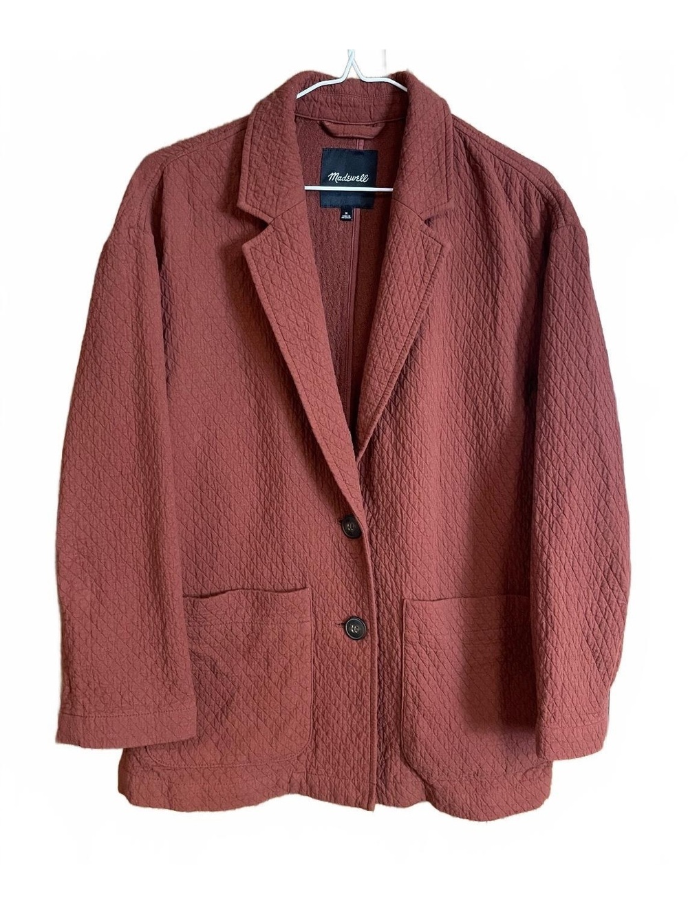 Madewell Diamond Jacquard Shaw Blazer in a rust red medium
